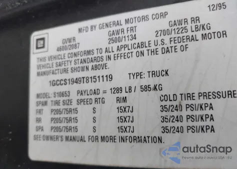 1996 Chevrolet S Truck S10 z USA, uszkodzony, nr VIN 1GCCS1949T8151119